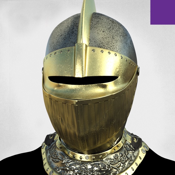 Villain #555 - The Gold Knight Helmet Villain on the Original background with the Purple Accent