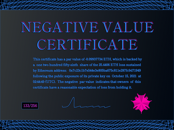 Negative Value Certificate #133 of 256