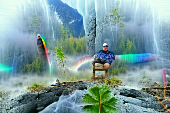 Sitting on a log in Wapta falls British Columbia underneath a waterfall mist field rainbow.