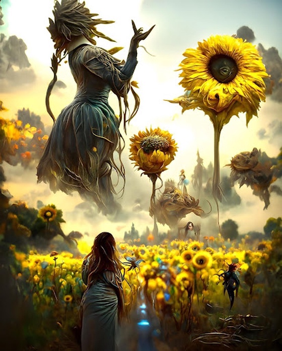 Girl and Sunflower on Imaginary Land