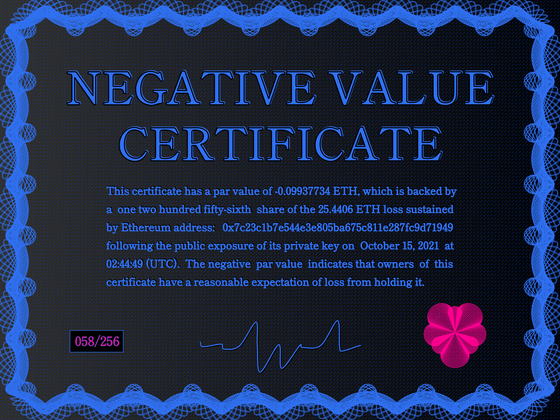 Negative Value Certificate #58 of 256