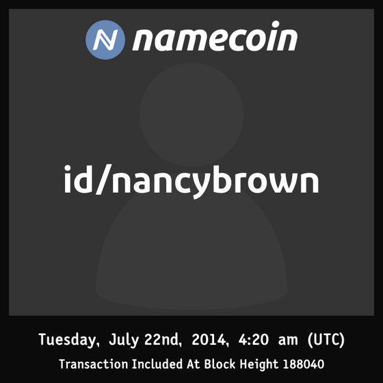 [CLAIMED - NOT FOR SALE] id/nancybrown | 2014-07 | Namecoin Identity (id/ asset) |