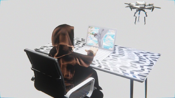 Desktop #109: The Guru in the Black Slim Chair With a Drone and a Gardens Monitor on a Pattern Table in The Void