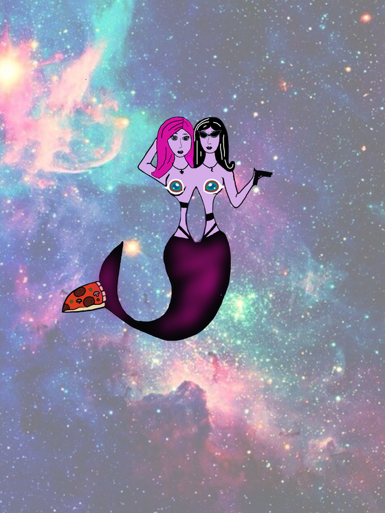 Crypto Galactic Siamese sisters with Mavis eyes. Half-mermaids, quarter-pizza