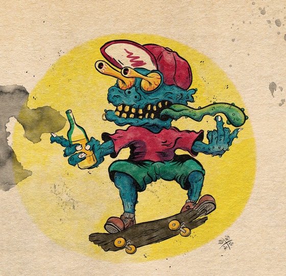 Blue Kobold with wooden skateboard