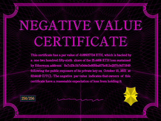 Negative Value Certificate #250 of 256