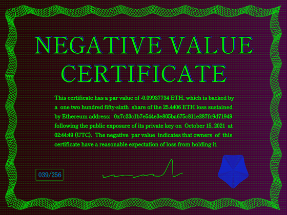 Negative Value Certificate #39 of 256