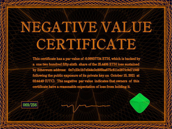 Negative Value Certificate #69 of 256