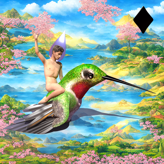 #257 | Man with glass helmet riding humming bird scene with background seed 117 and a Black Diamond card suit