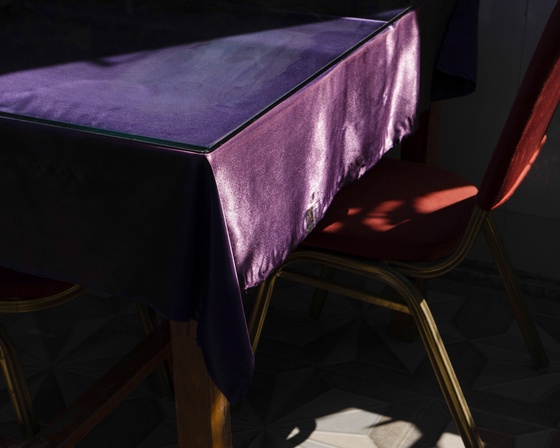 Purple Satin Sheet & Red Velvet Chair.