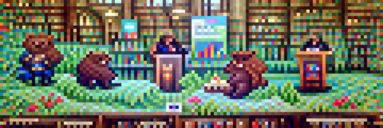 #55 The bears are reading large books in a library