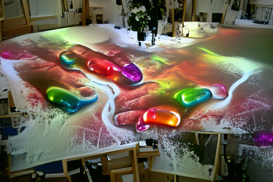 Using multi colours, pouring them onto a large white canvas, feeling the paint run through my fingers.