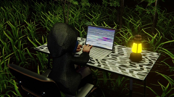 Desktop #116: The Hacker in the Eames Chair With a Gas Lamp and a Please Stand By Monitor on a Pattern Table in The Forest