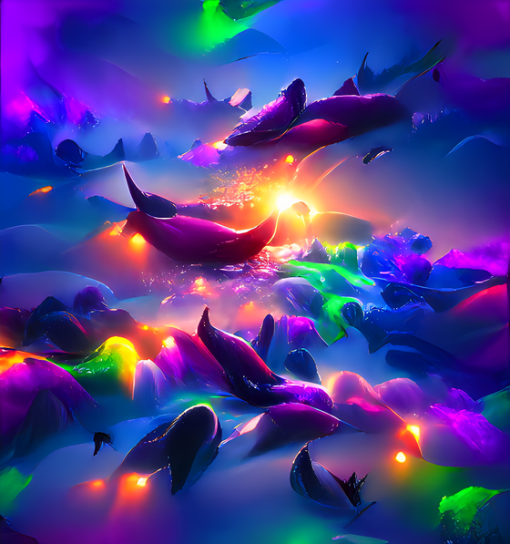 celestial starry purple sea filled with colorful whales surrounded by aurora borealis