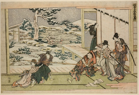 "Kyu-danme (Act IX), House of Oboshi Yuranosuke, Rikiya and Ishi thrusting at Kakogawa Honzo, restrained by Konami, from the series The Forty-seven Loyal Retainers"