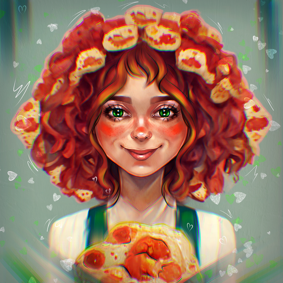 The red-haired girl is madly in love with pizza