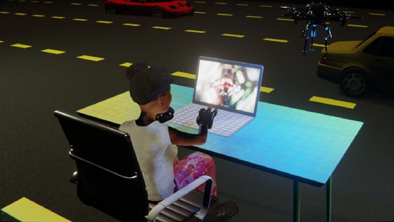 Desktop #221: The Military Brat in the Black Slim Chair With a Drone and a Algo Lite Macbook on a Green FELT Zine Table in The Streets