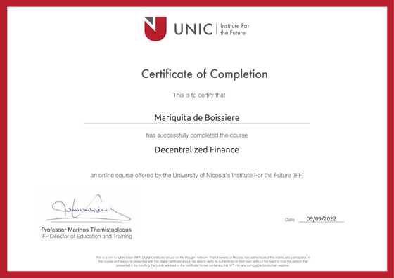 University of Nicosia, BLOC529: Decentralized Finance, Certificate of Completion