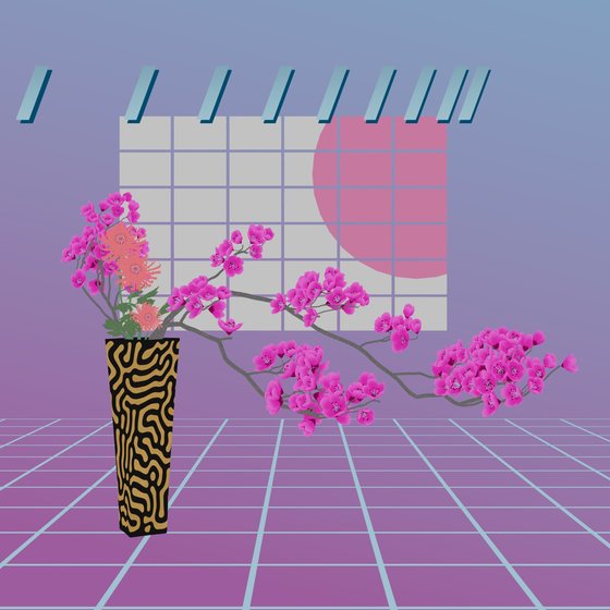 Vaporwave Fuschia Cherry Blossom And Coral Chrysanthemum (Type C) In Square Spiral Vase