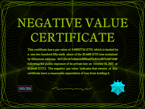 Negative Value Certificate #3 of 256