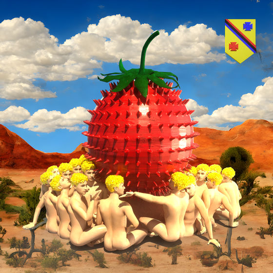 #387 | Group embracing Mega-Strawberry scene with background seed 567 and a Shield (Swiss-German) card suit