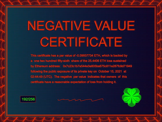 Negative Value Certificate #192 of 256