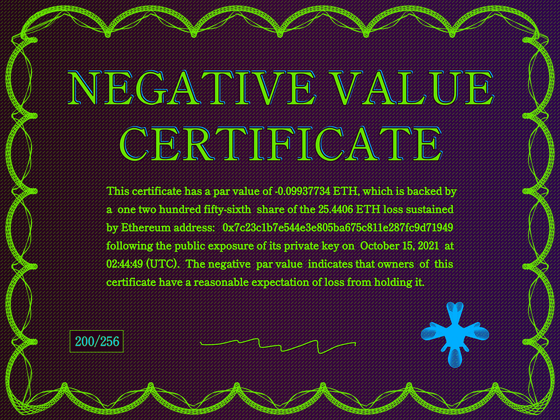 Negative Value Certificate #200 of 256