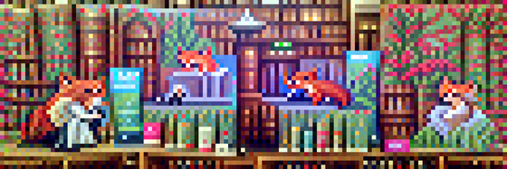 #714 The foxes are reading large books in a library