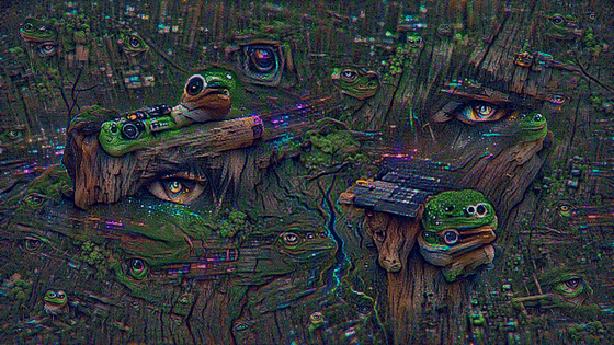 CYBERPUNK PEPE ON A LOG IN THE WOODS EARTH ELEMENT