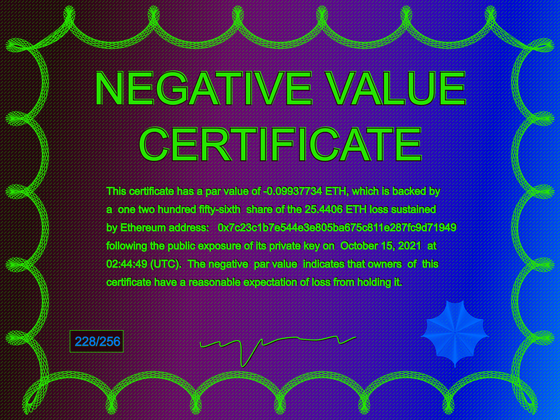 Negative Value Certificate #228 of 256