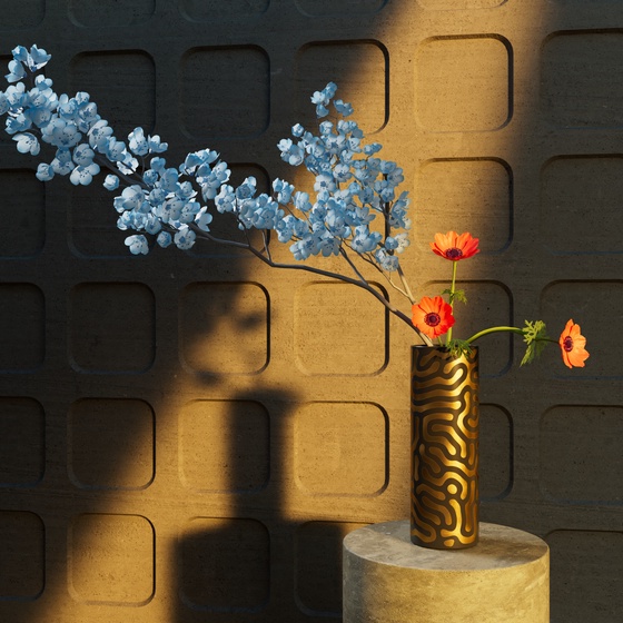 Baby Blue Cherry Blossom And Poppy Orange Anemone In Cylindrical Vase