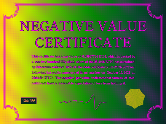 Negative Value Certificate #134 of 256