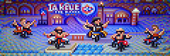 #392 The bikers are doing karate in a townsquare