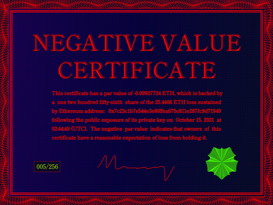 Negative Value Certificate #5 of 256