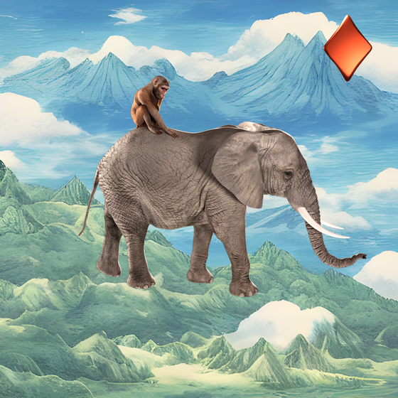 #161 | Monkey riding an elephant scene with background seed 426 and a Red Diamond card suit