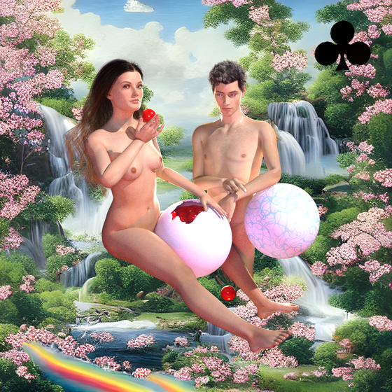 #153 | Lovers eating fruit scene with background seed 358 and a Black Club card suit