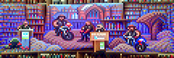 #635 The bikers are reading large books in a library