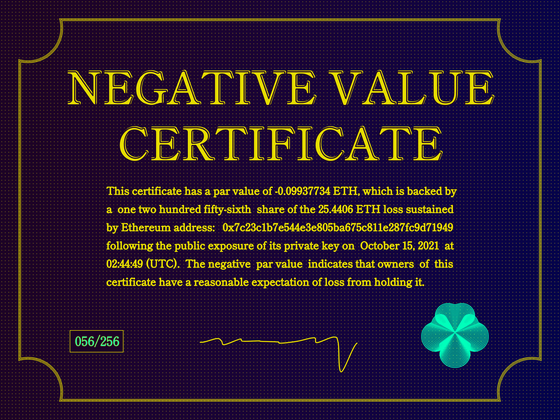 Negative Value Certificate #56 of 256