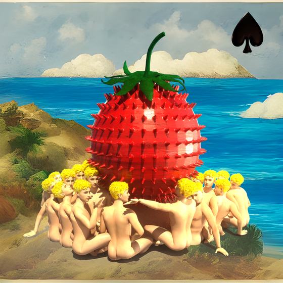 #58 | Group embracing Mega-Strawberry scene with background seed 598 and a Black Spade card suit