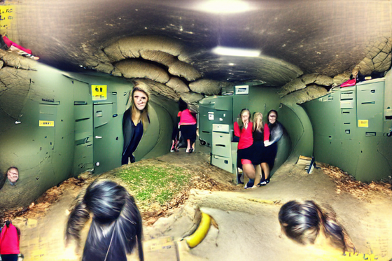 Running into a bomb shelter.