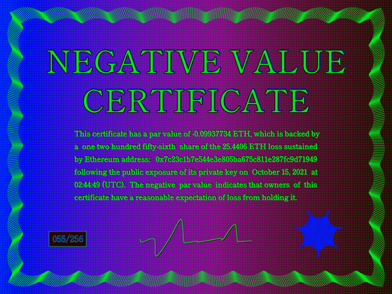 Negative Value Certificate #55 of 256