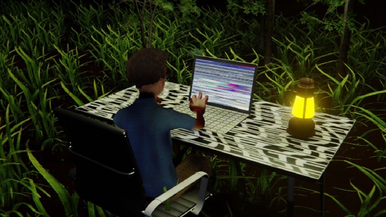 Desktop #117: The Developer in the Black Slim Chair With a Gas Lamp and a Please Stand By Monitor on a Pattern Table in The Forest