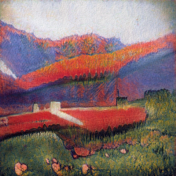 Crimson Landscape With A River In A Village