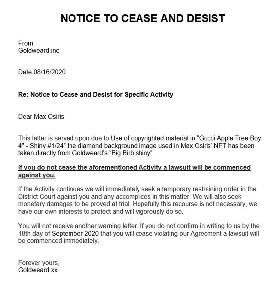 NOTICE TO CEASE AND DESIST