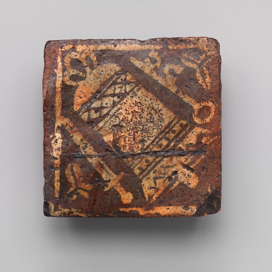 Tile with Bell between a Key and a Sword 14th century British