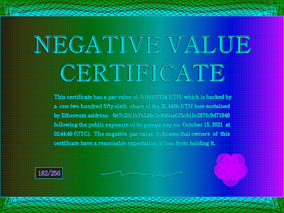 Negative Value Certificate #182 of 256