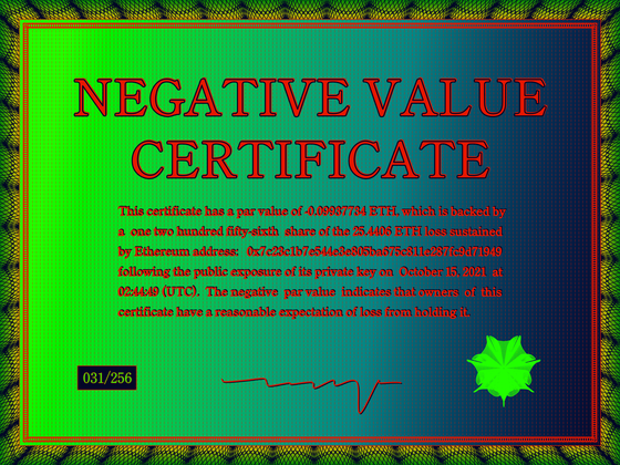 Negative Value Certificate #31 of 256