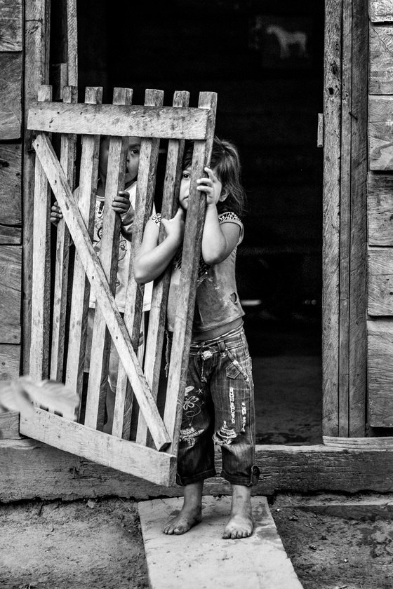 girl looks through the bars