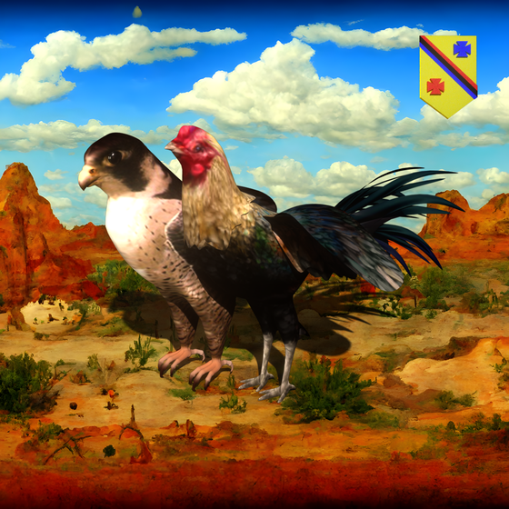 #408 | Falcon and Rooster scene with background seed 972 and a Shield (Swiss-German) card suit