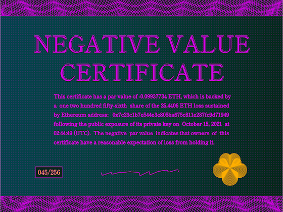 Negative Value Certificate #45 of 256